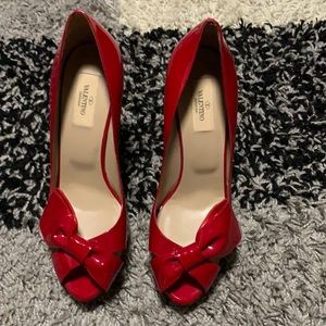 Red Leather Valentino Garavani Peep Toe Heels